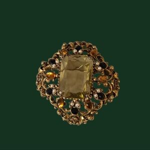FLORENZA Vintage Olivine Center With Black & Topaz Rhinestones Brooch